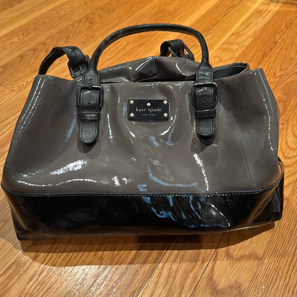 Used Kate Spade Should Strap Large Grey and Black Patent Leather Handbag.